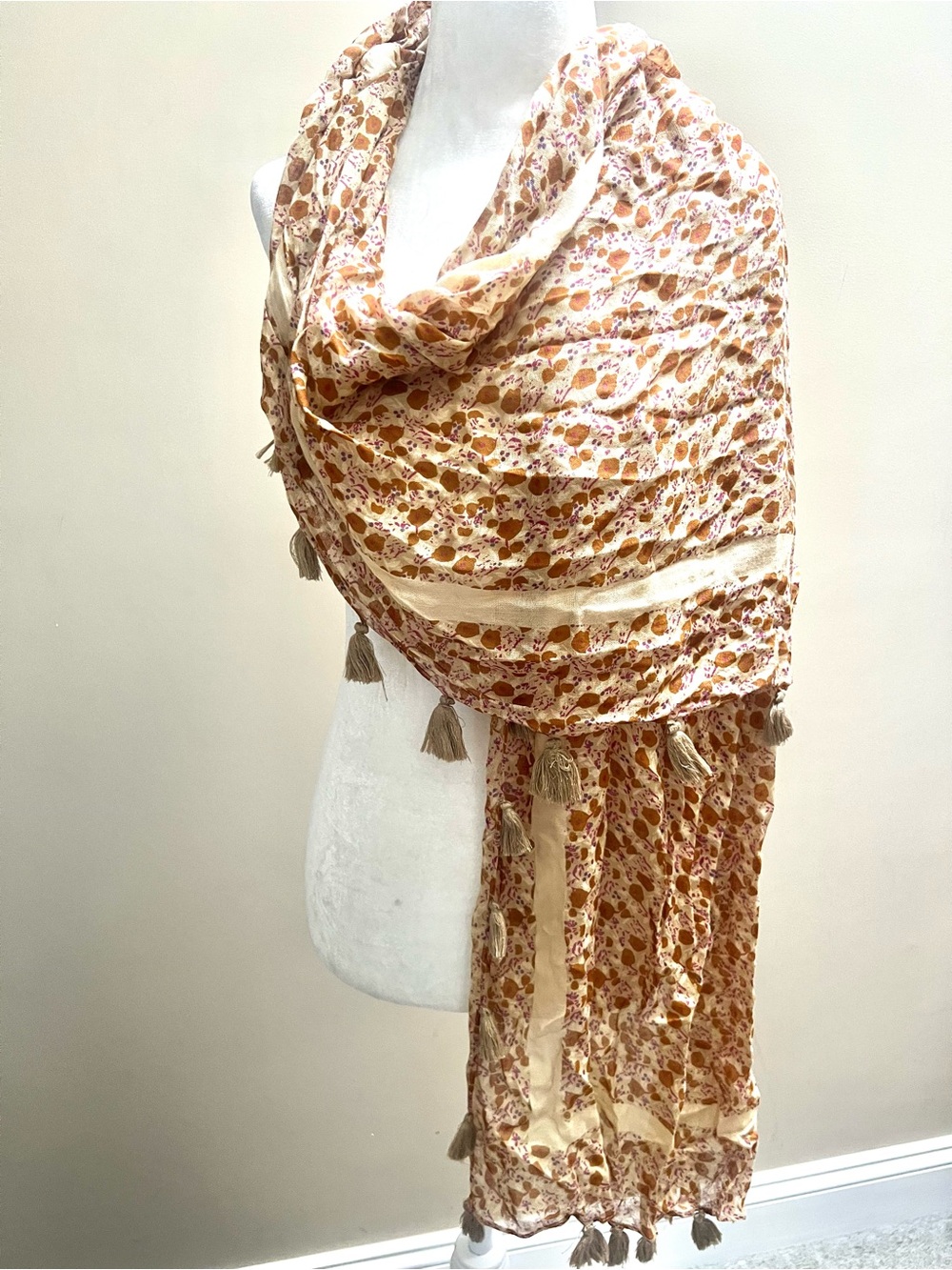 Natural life Beige Floral Tassel Scarf - Women's Accessory